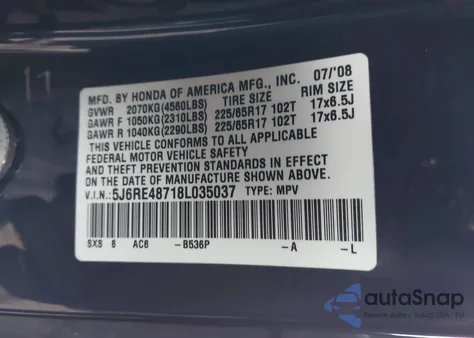 2008 Honda Cr-V Ex-L из США, поврежденный, VIN 5J6RE48718L035037